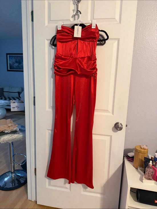 Cherley Pants - Cheryl Red Strapless Satin Wide-Leg Jumpsuit